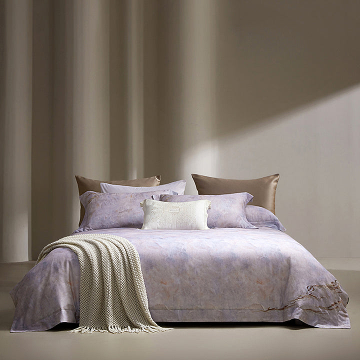 Marble-Effect Cotton Sateen Duvet Cover Set with Knitted Throw and Oxford Shams