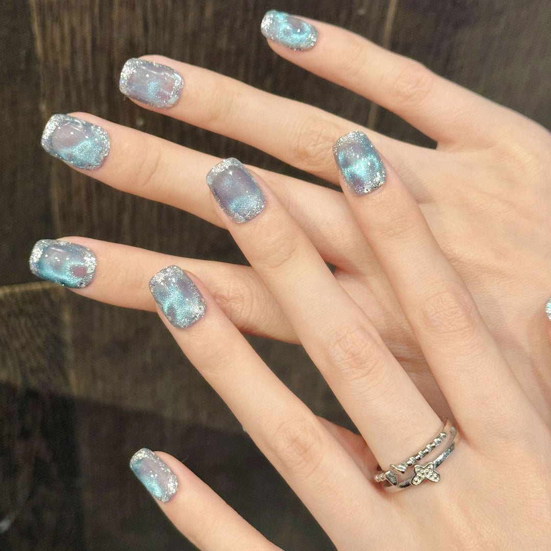 Glittery Press-On Nail Art Set with Silver Accents