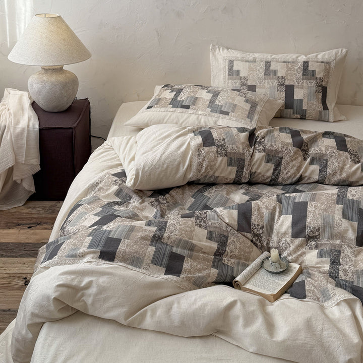 Patchwork Quilted Duvet Cover Set with Linen-Blend Percale Pillow Shams