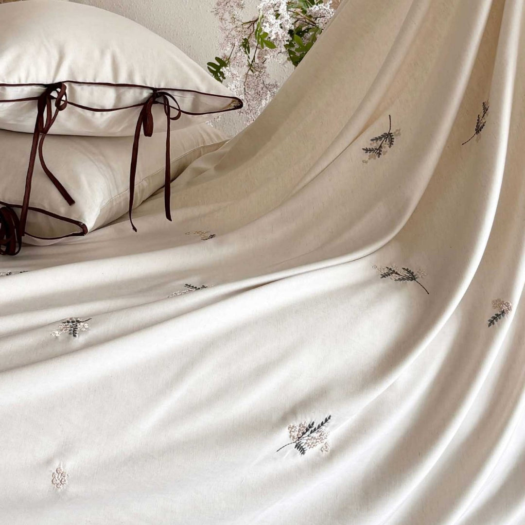 Washed Cotton Embroidered Duvet Cover Set with Tie-Closure Pillow Shams and Contrast Piped Edge