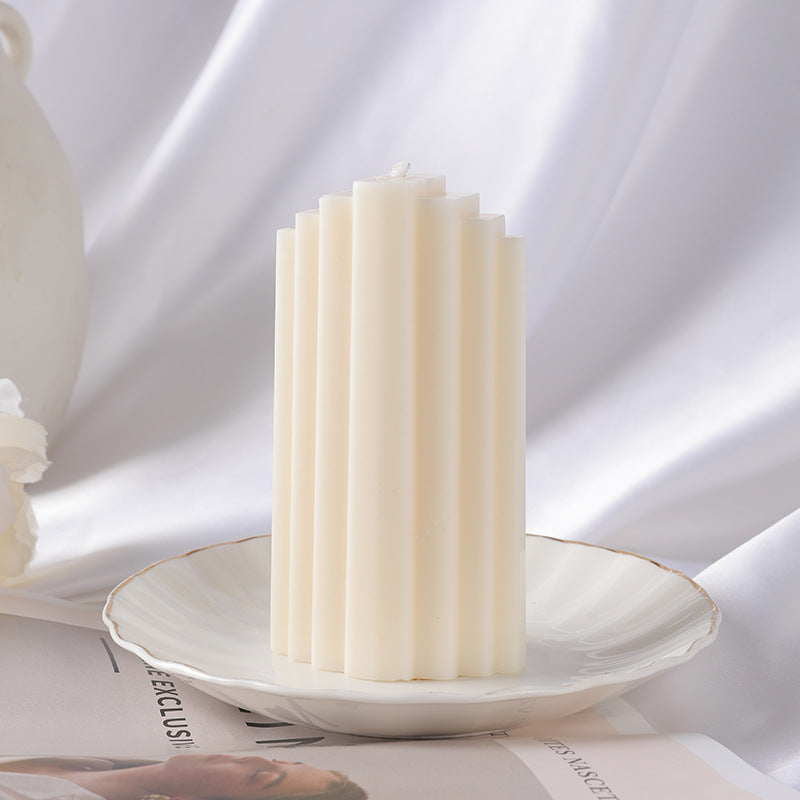 Ribbed Sculptural Pillar Candle with Vertical Fluted Profile