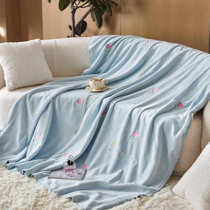 Plush Embroidered Tulip Velvet Bedspread and Matching Pillowcase Set
