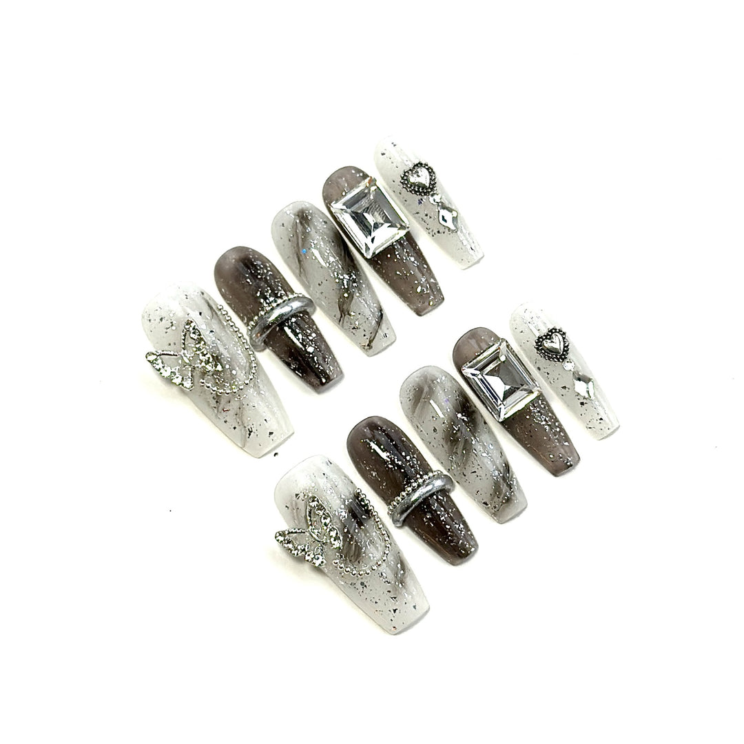 Stylish Press-On Nail Set with Geometric Rhinestone Accents