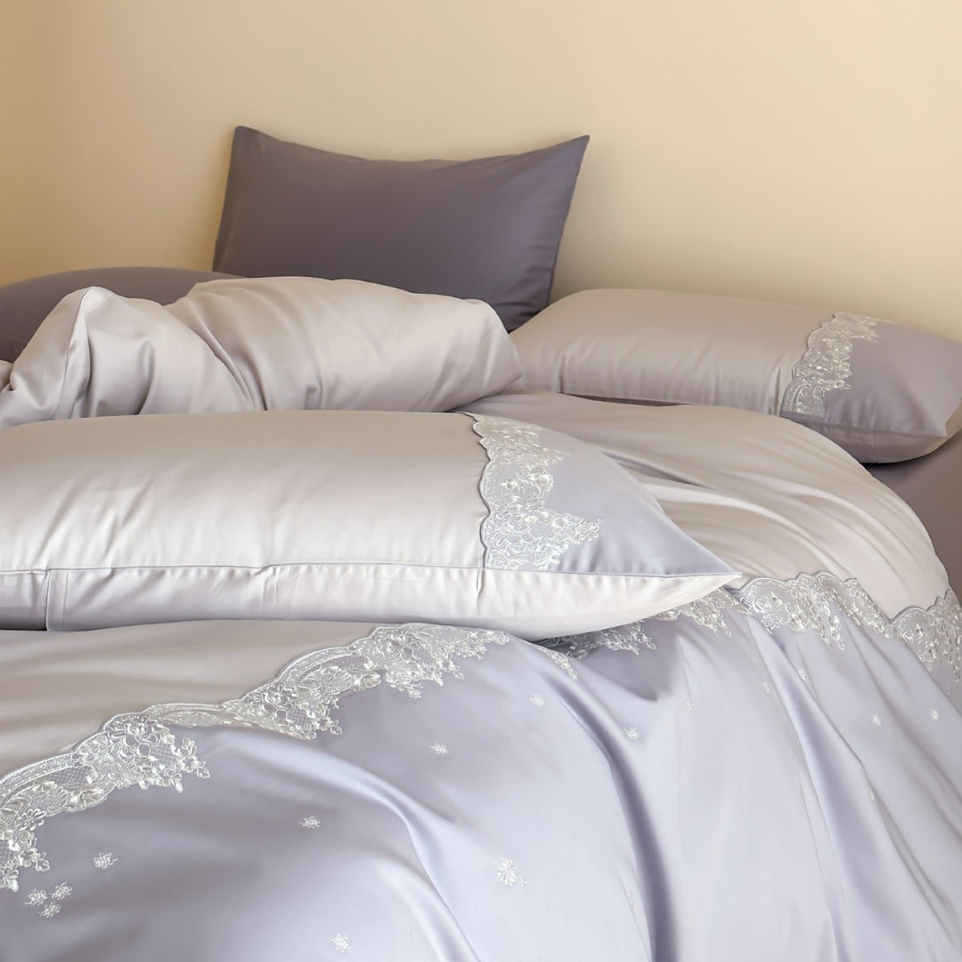 Luxury Micro-Sateen Duvet Cover Ensemble with Scalloped Lace Embroidery