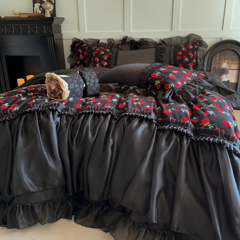 Luxury Romantic Ruffled Floral Satin Duvet Cover Bedding Set