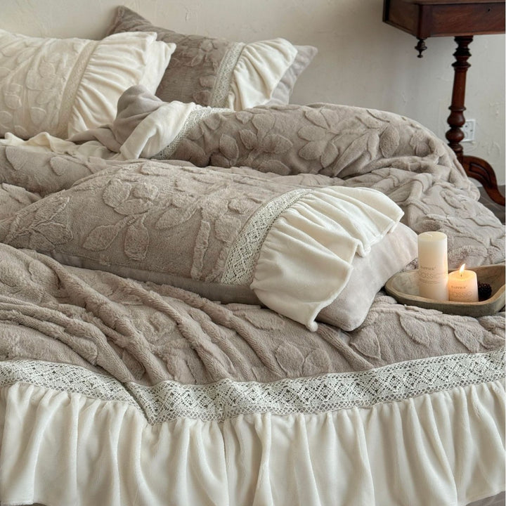 Embossed Floral Quilted Duvet Cover Set with Ruffled Skirt Lace-Trim & Bolster Pillow