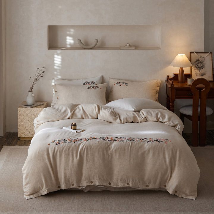 Embroidered Linen Duvet Cover Set with Button-Closure Pillow Shams