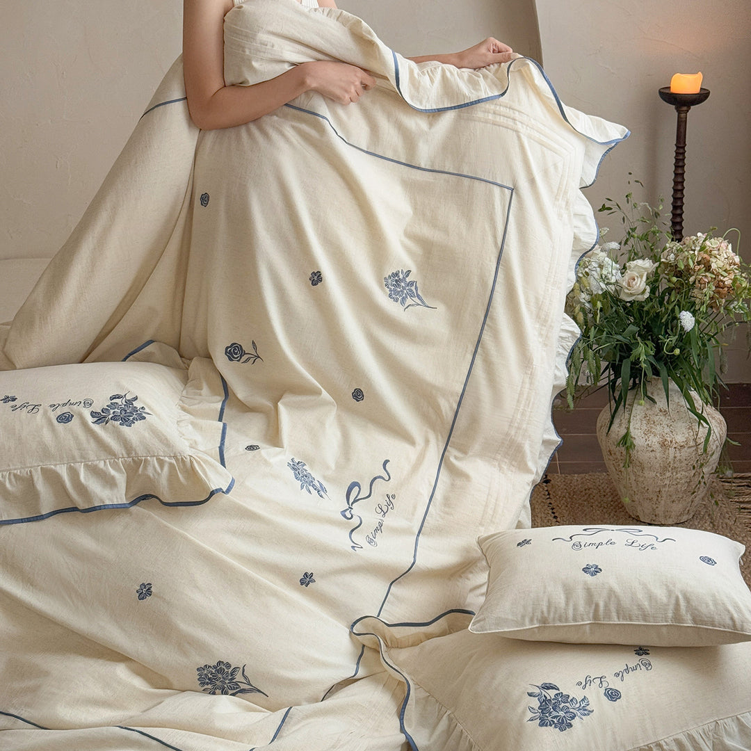 Floral-Embroidered Ruffled Cotton Percale Duvet Cover Set with Frilled Edge & Euro Pillow Shams
