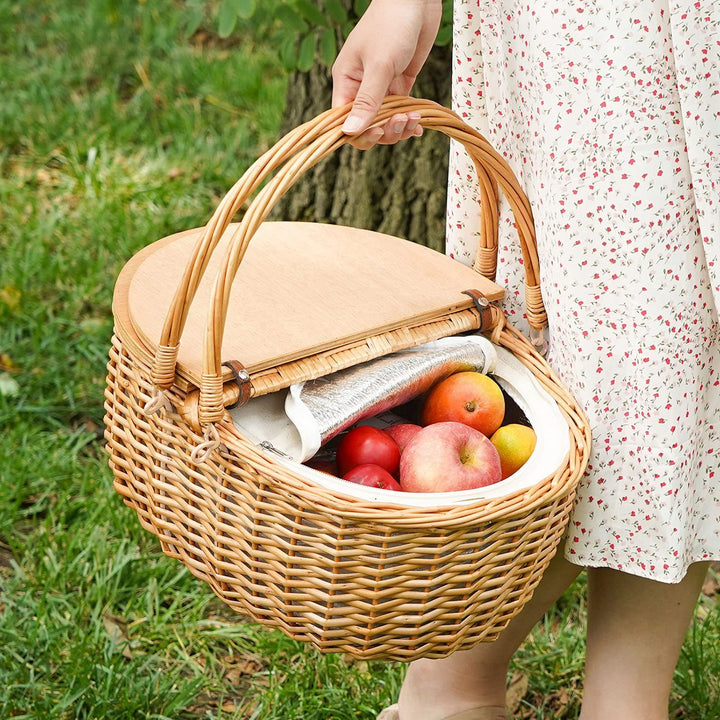 Women's picnic basket with wooden lid and striped lining Stornfield