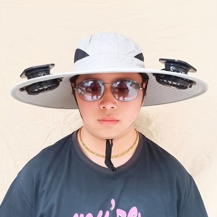 Wide-brimmed sun hat with detachable swivel solar fans and adjustable chin strap Stornfield