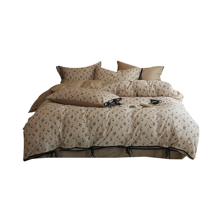 Reversible Cotton Sateen Duvet Cover Set with Mini Floral Print and Ribbon-Tie Pillow Shams