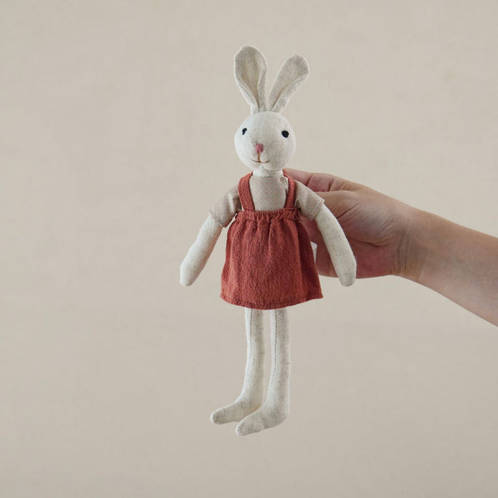 Handmade Linen Long-Limbed Bunny Doll with Embroidered Carrot Overalls