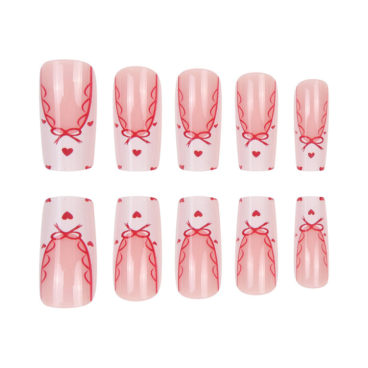 Decorative Long Press-On Nail Set with Bow and Heart Design Stornfield