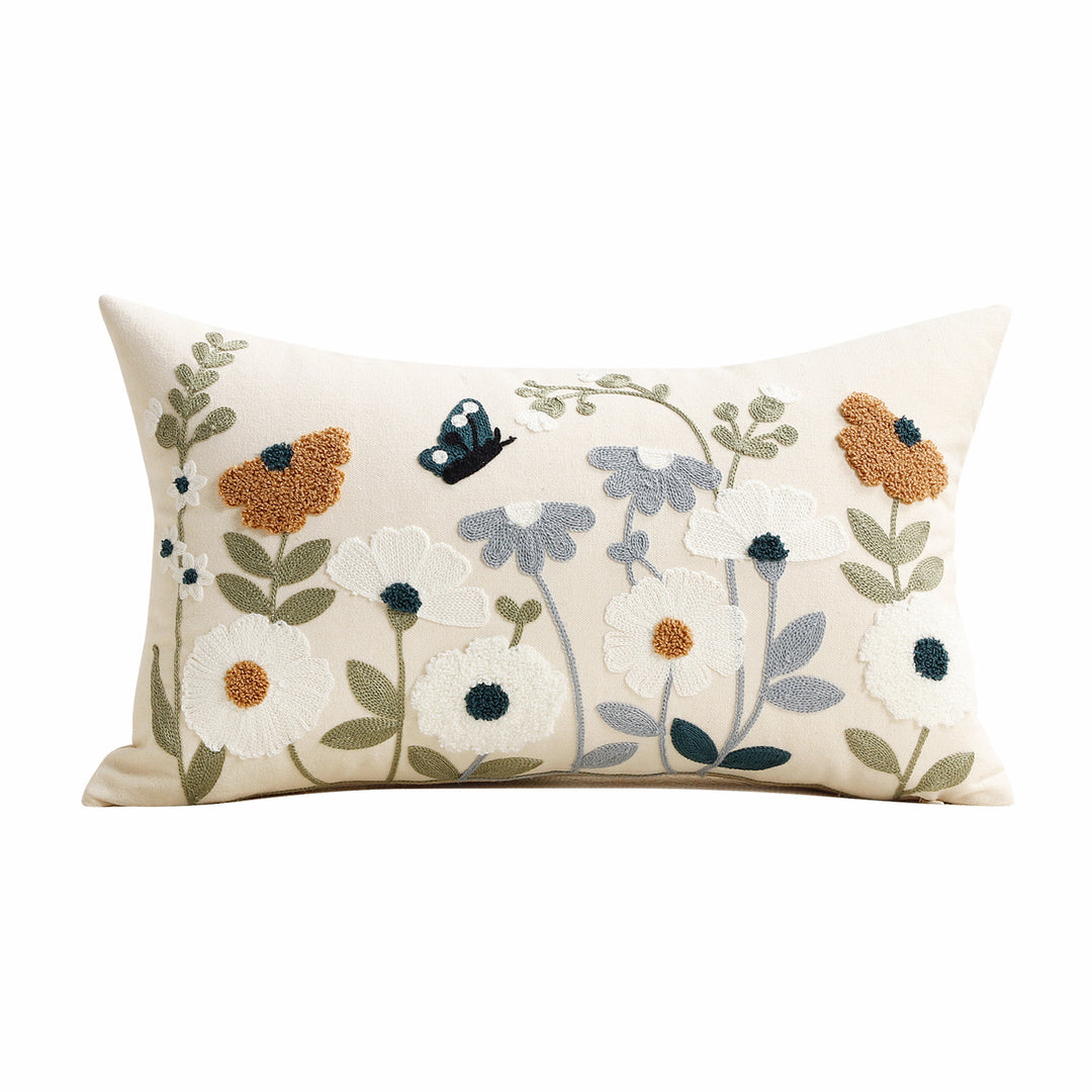 Embroidered Floral Lumbar Pillow Cover