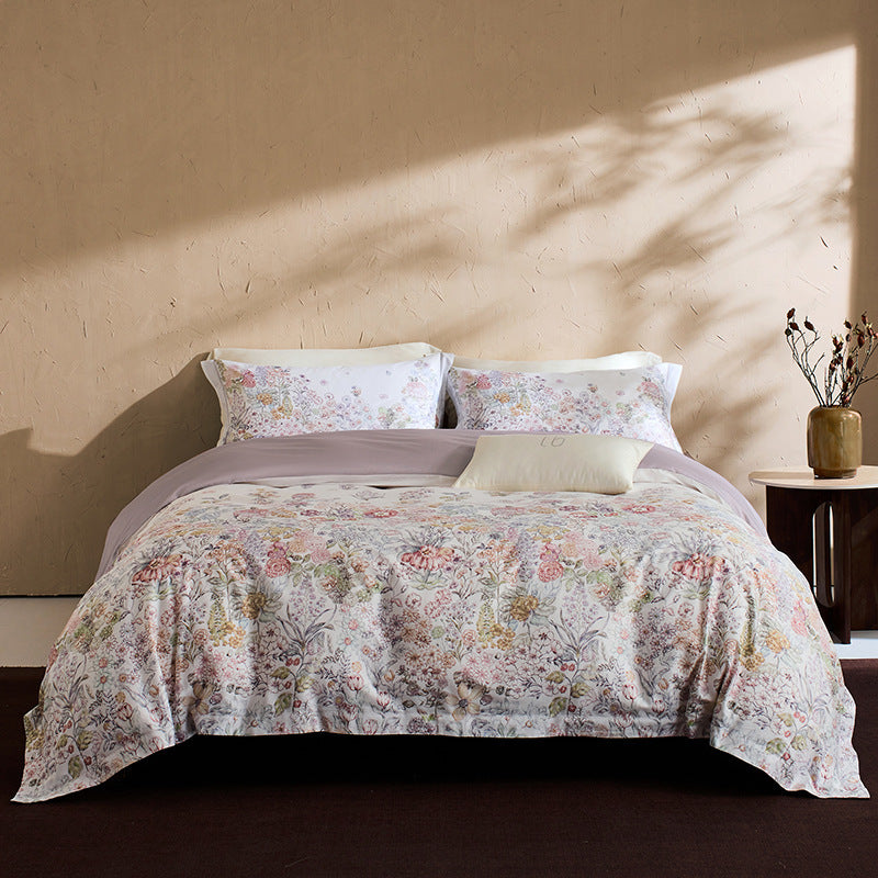 Botanical Vintage Meadow Print Cotton Duvet Cover Set with Sateen Reverse & Matching Shams