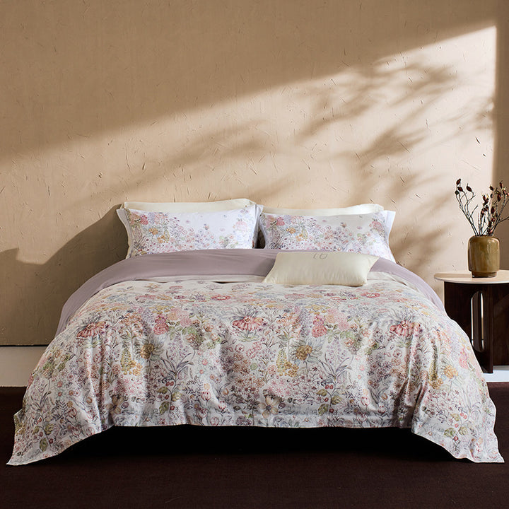Botanical Vintage Meadow Print Cotton Duvet Cover Set with Sateen Reverse & Matching Shams