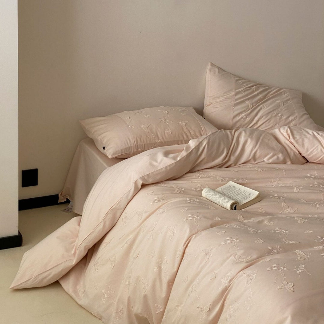 Romantic cotton satin bedding with embroidered butterfly and floral relief