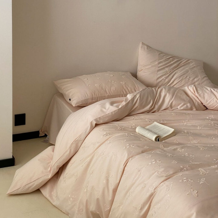 Romantic cotton satin bedding with embroidered butterfly and floral relief