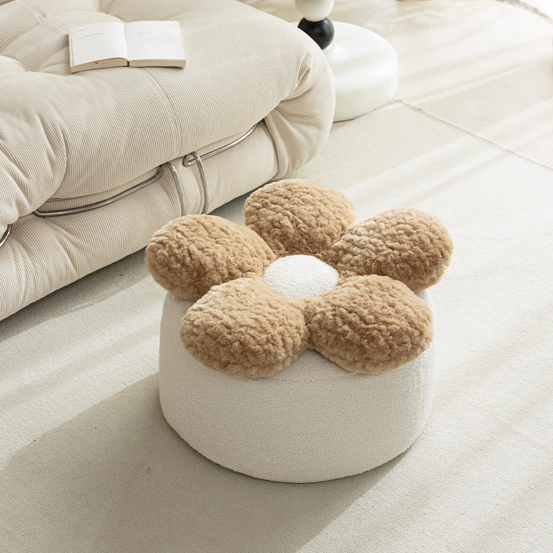 Beef seat pouf with flower seat cushion, bouclé cover and soft faux fur top