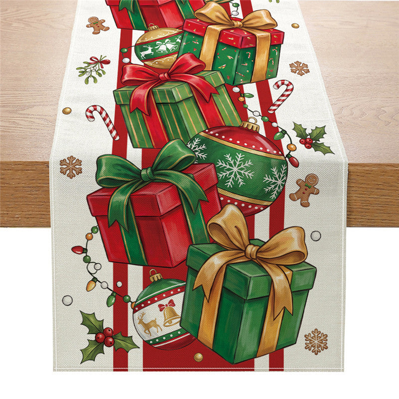 Festive Cotton-Linen Christmas Table Runner with Santa Truck and Snowman Illustration