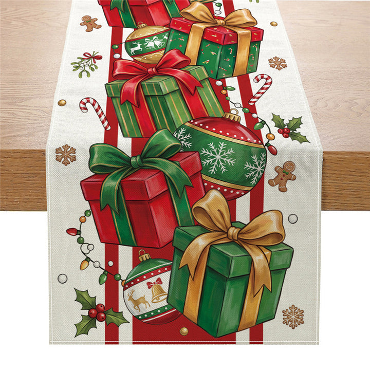 Festive Cotton-Linen Christmas Table Runner with Santa Truck and Snowman Illustration