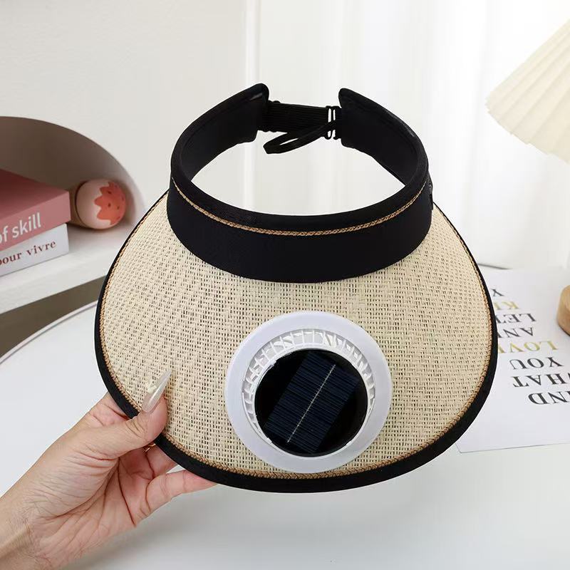 Foldable straw hat visor with integrated solar fan, adjustable neck strap, and breathable sweatband Stornfield