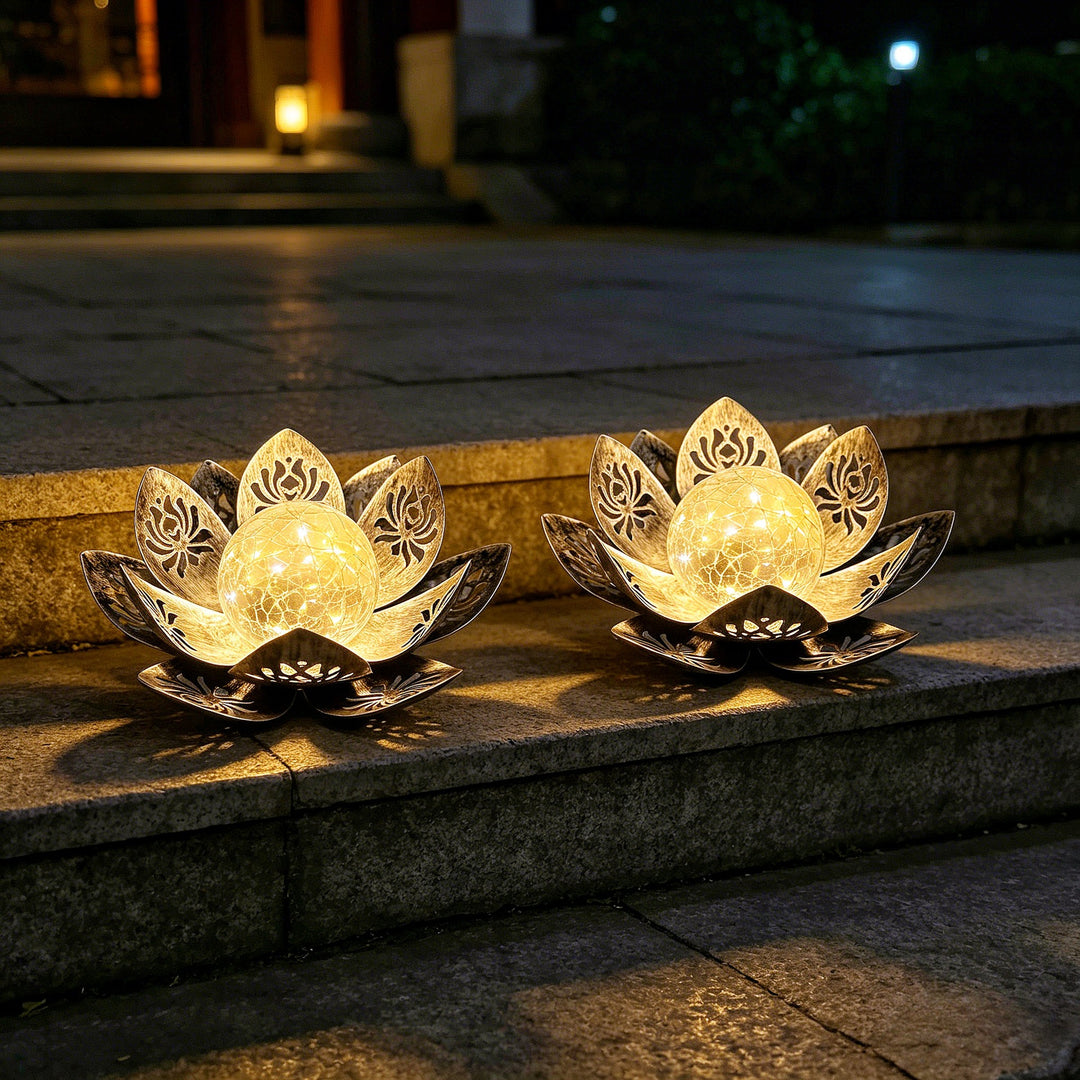Decorative Solar Lotus LED Garden Lantern With Crackle Glass Globe And Laser-Cut Metal Petals Stornfield
