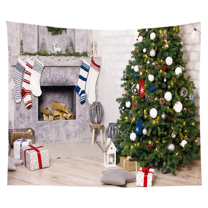 Lightweight Polyester Christmas Fireplace Scene Wall Tapestry Home Decor