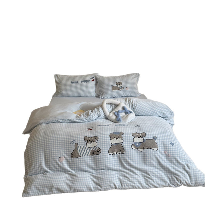 Children's Embroidered Gingham Puppy Duvet Cover Set with Pillow Shams