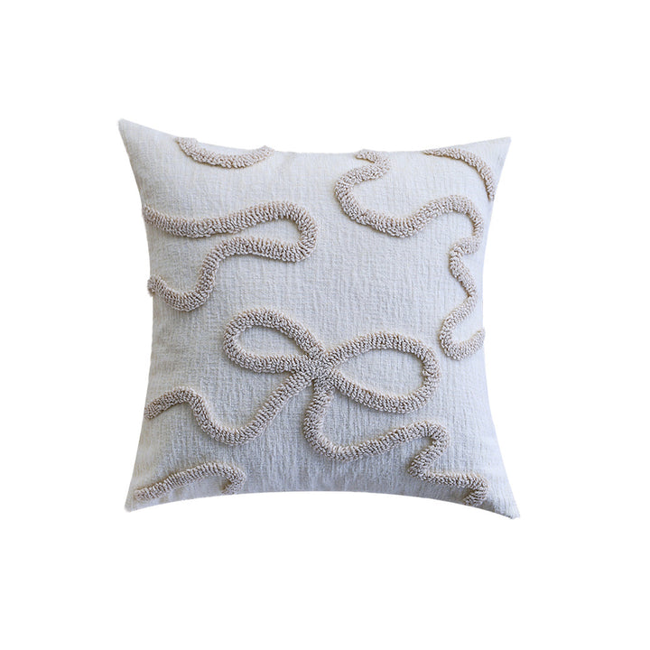 Square decorative cushion cover with hand-tufted bow and wave relief made of cotton-linen mix Stornfield