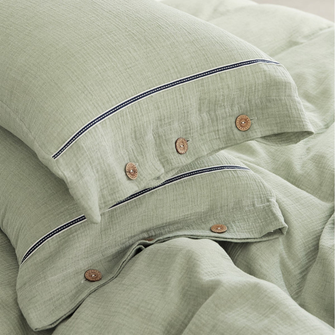 Crinkled Cotton Gauze Duvet Cover & Button-Closure Pillowcase Set with Decorative Metal Buttons and Contrast Tape Trim