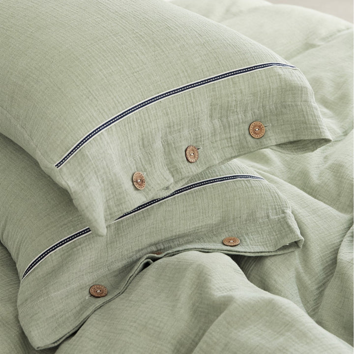 Crinkled Cotton Gauze Duvet Cover & Button-Closure Pillowcase Set with Decorative Metal Buttons and Contrast Tape Trim