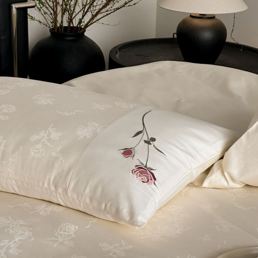 Reversible Satin-Jacquard Duvet Cover Set with Embroidered Rose Pillow Shams