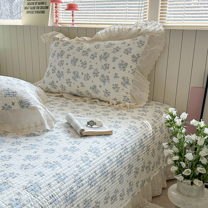 Quilted Polka Dot Cotton Bedspread Set with Eyelet Lace Ruffled Shams