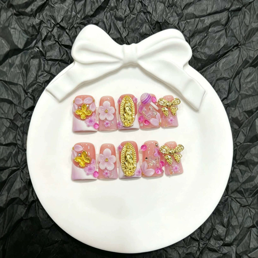 Decorative Press-On Nail Art Set with Floral and Butterfly Accents