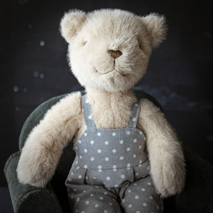 Handcrafted Luxury Plush Teddy Bear with Polka Dot Linen Dress