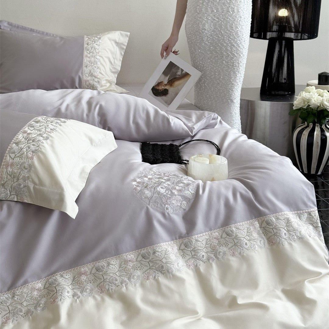 Embroidered Floral Luxury Duvet Cover Set with Lace-Trim Pillow Shams