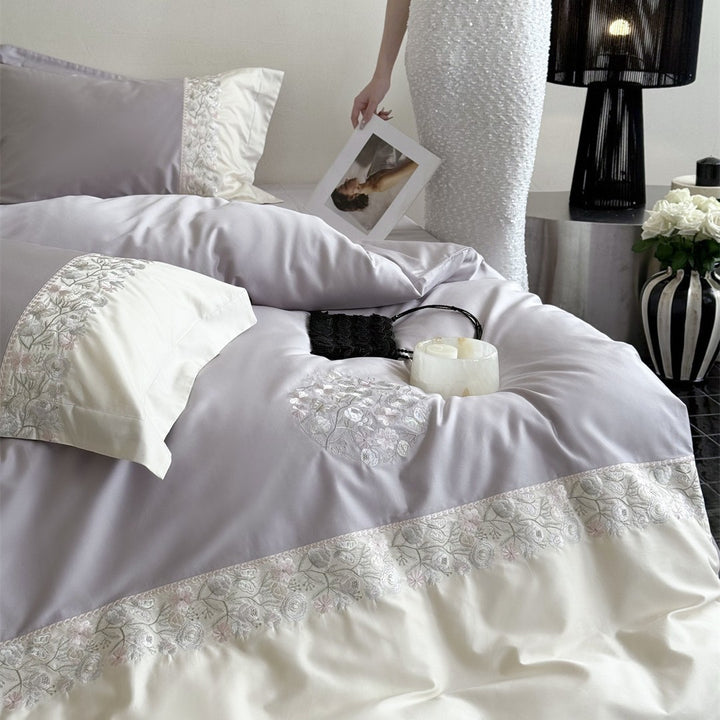 Embroidered Floral Luxury Duvet Cover Set with Lace-Trim Pillow Shams