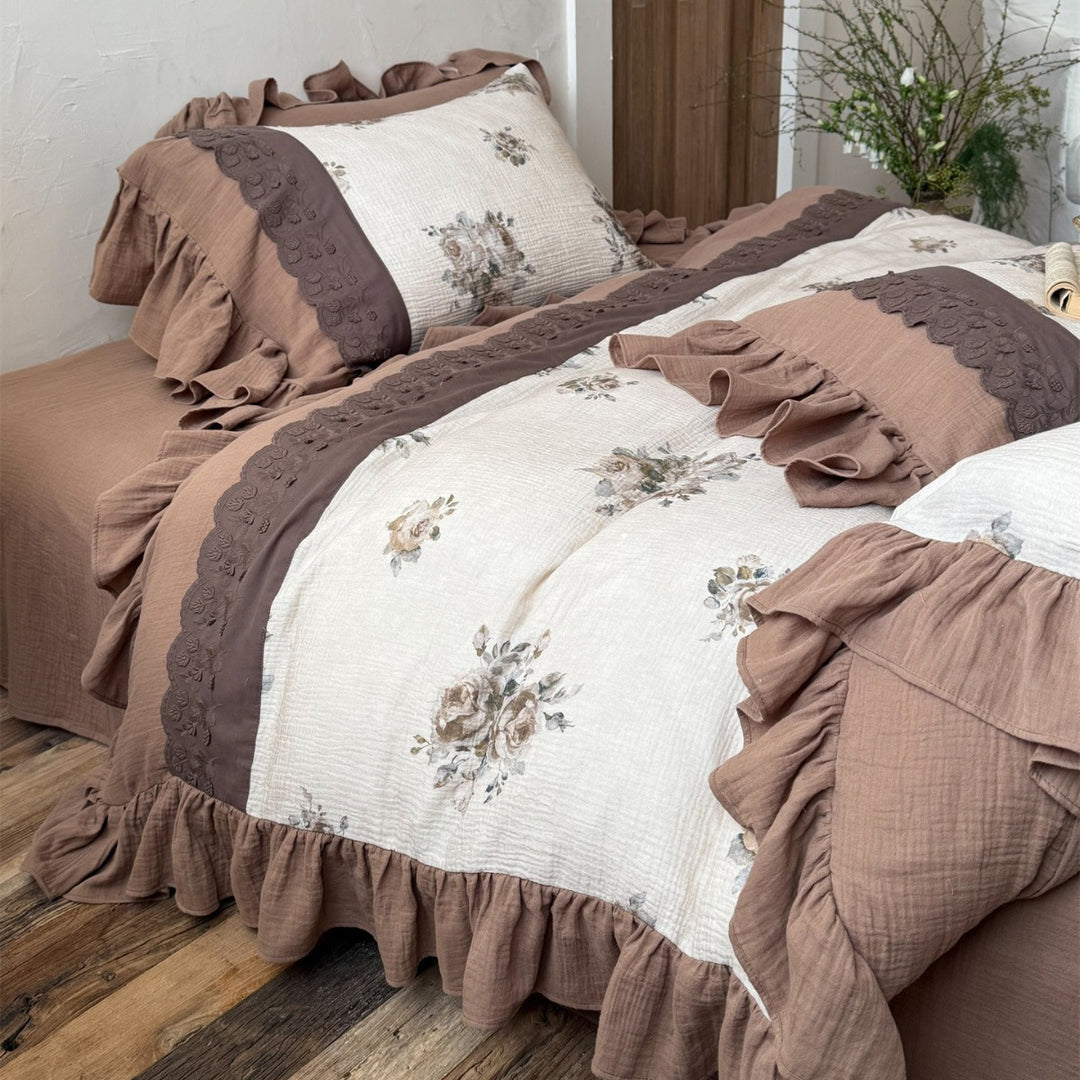 Ruffled Floral Cotton-Look Layered Duvet Cover Set with Embroidered Border
