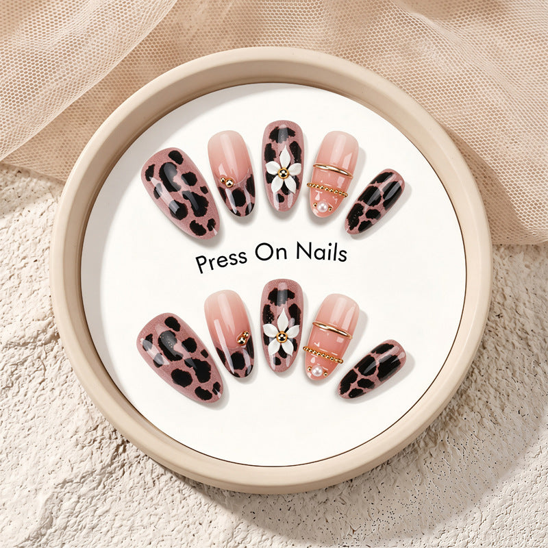 Artistic Press-On Nail Set with Elegant Leopard and Floral Designs Stornfield