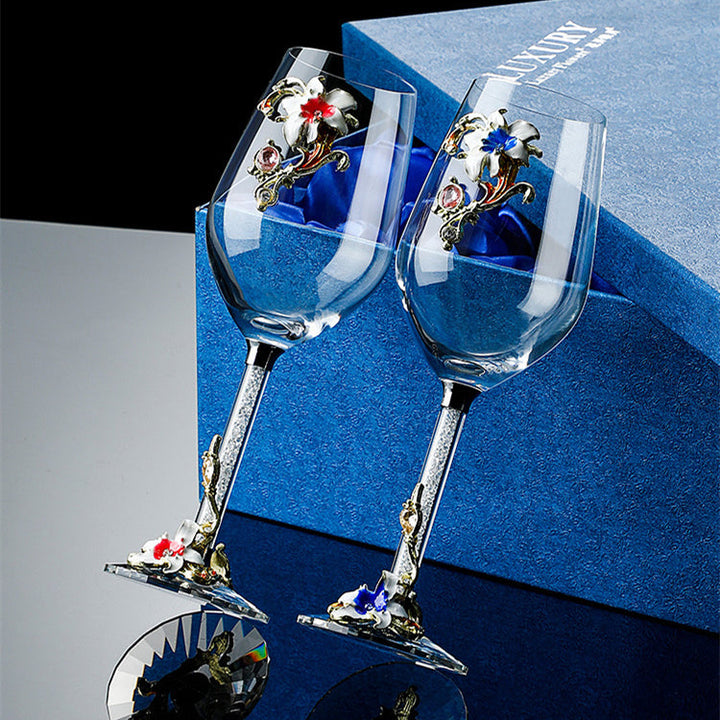 Metallic Flower Crystal Wine Glasses with Decanter Suitcase Set | Stornfield