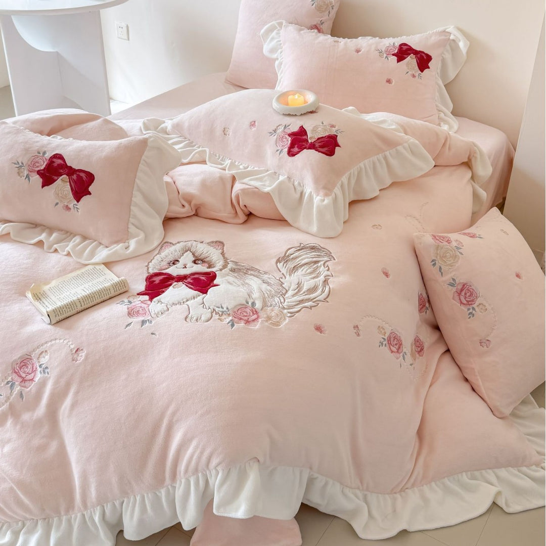 Embroidered Dog & Bow Ruffled Duvet Cover Set with Scalloped Ruffle Skirt and Decorative Pillow Shams