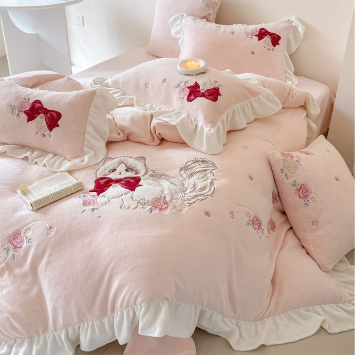 Embroidered Dog & Bow Ruffled Duvet Cover Set with Scalloped Ruffle Skirt and Decorative Pillow Shams