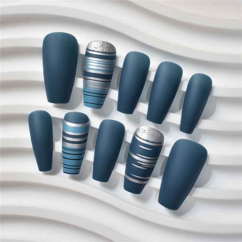 Fashionable Matte Finish Press-On Nails with Metallic Stripes Stornfield