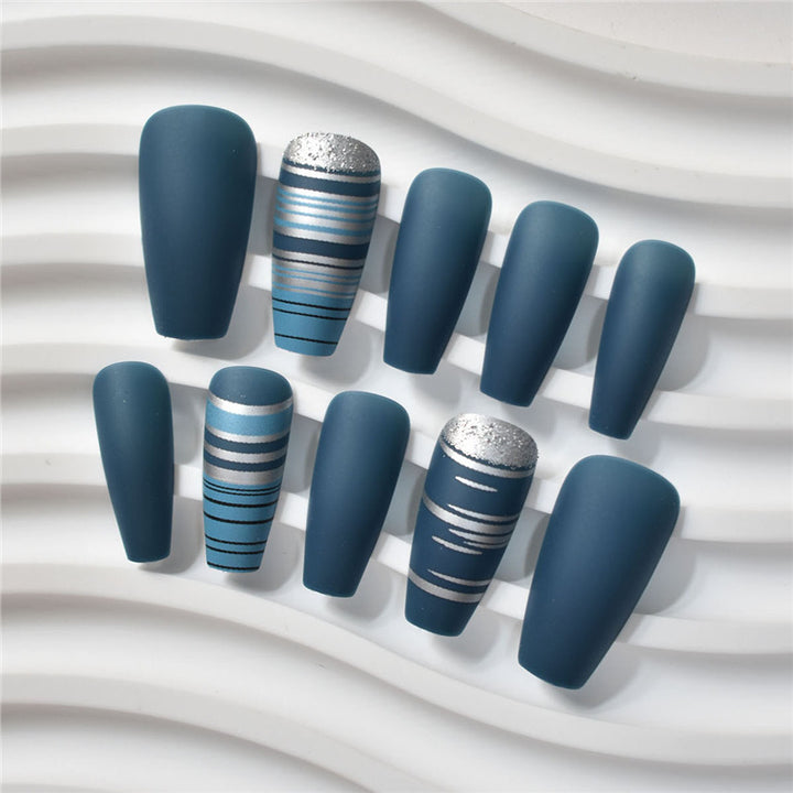Fashionable Matte Finish Press-On Nails with Metallic Stripes Stornfield
