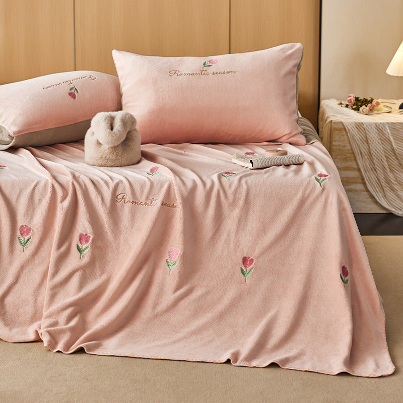 Plush Embroidered Tulip Velvet Bedspread and Matching Pillowcase Set
