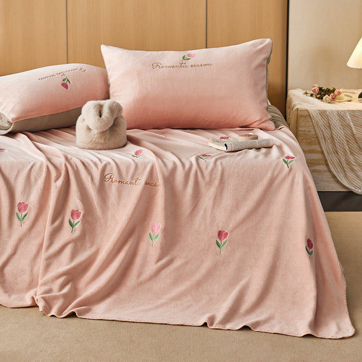 Plush Embroidered Tulip Velvet Bedspread and Matching Pillowcase Set