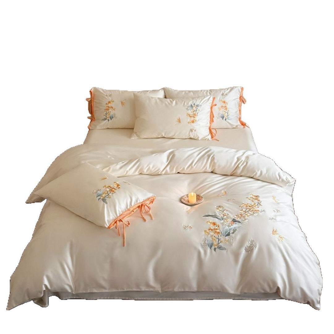 Botanical Embroidered Satin Duvet Cover Set with Ribbon-Tie Shams