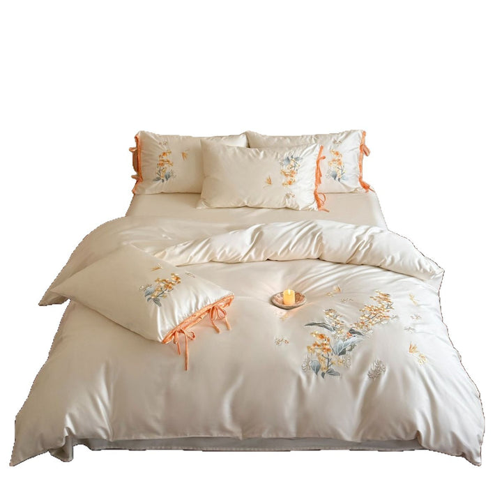 Botanical Embroidered Satin Duvet Cover Set with Ribbon-Tie Shams