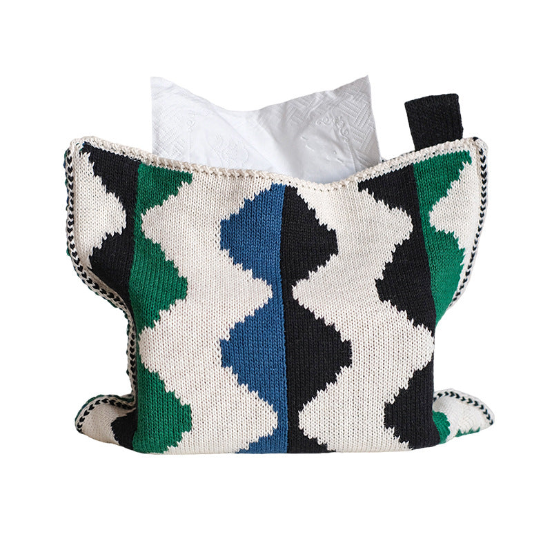 Knitted tissue box cover with geometric jacquard pattern and zipper Stornfield